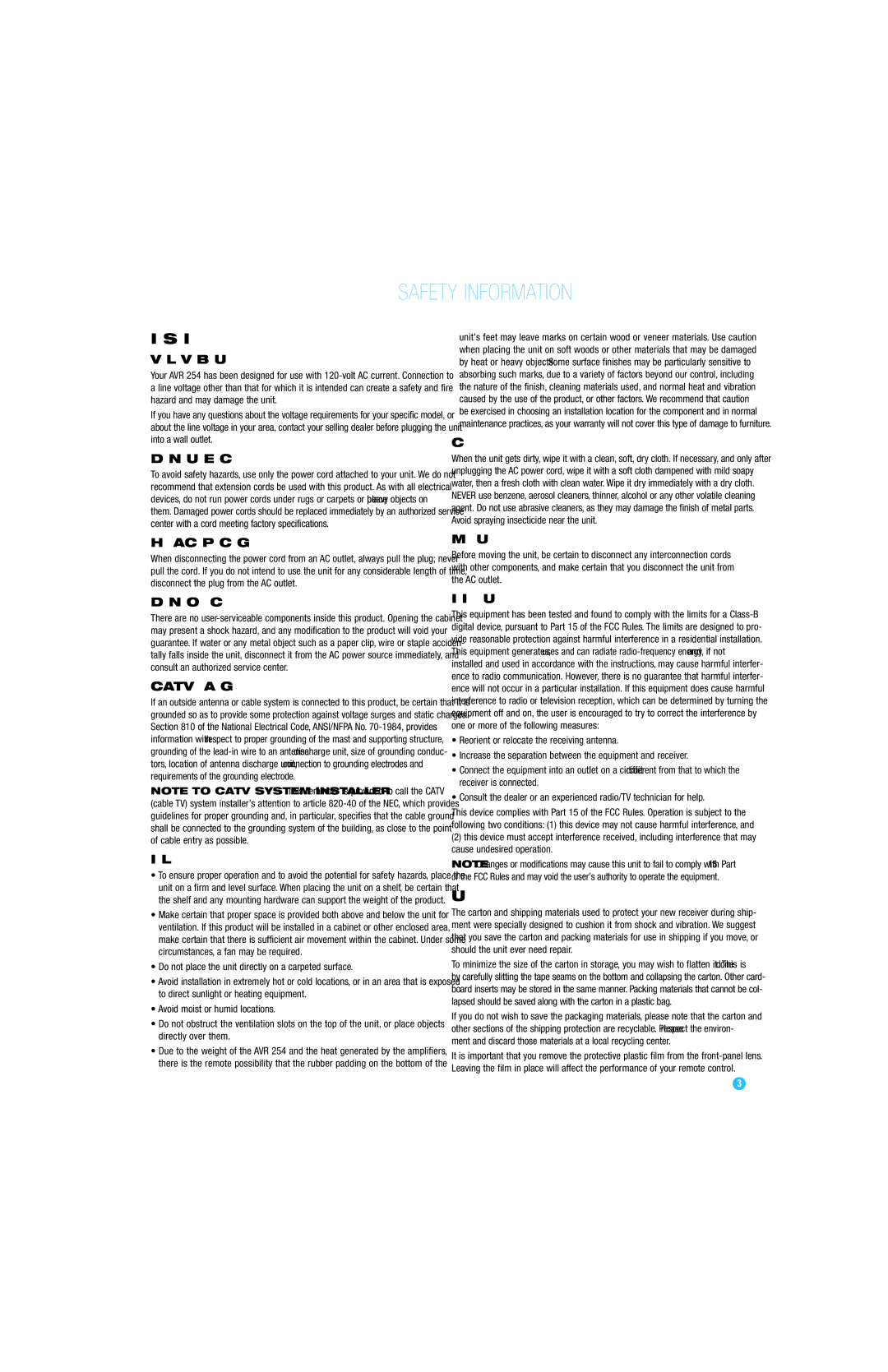 Harman-Kardon AVR 254 owner manual Important Safety Information 