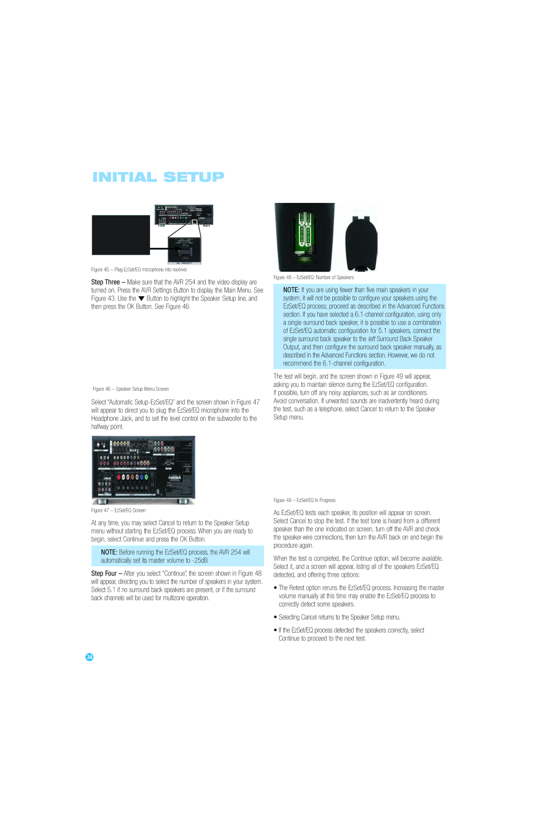 Harman-Kardon AVR 254 owner manual Selecting Cancel returns to the Speaker Setup menu, Speaker Setup Menu Screen 