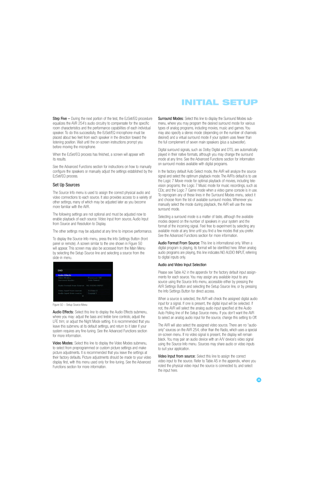 Harman-Kardon AVR 254 owner manual Set Up Sources, Audio and Video Input Selection 