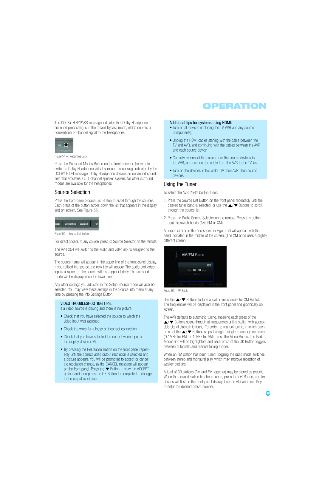 Harman-Kardon AVR 254 owner manual Source Selection, Using the Tuner, If a video source is playing and there is no picture 