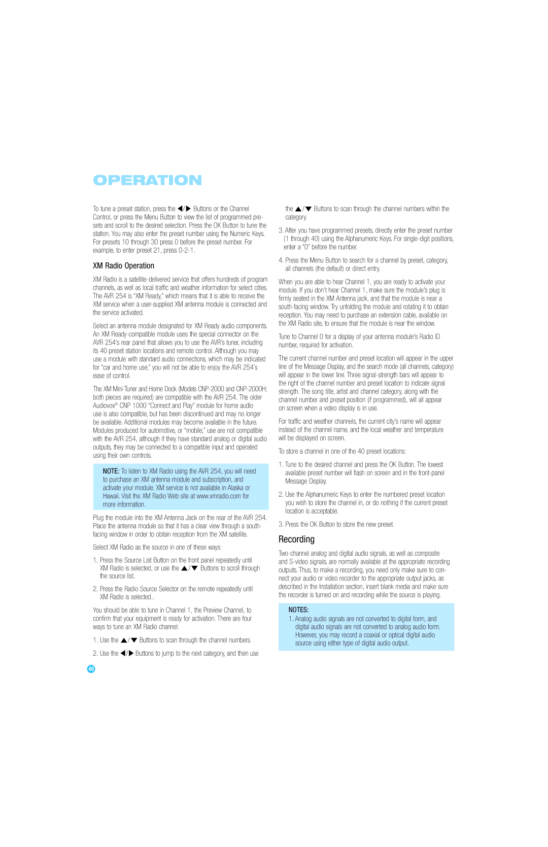 Harman-Kardon AVR 254 owner manual Recording, XM Radio Operation, On screen when a video display is in use 