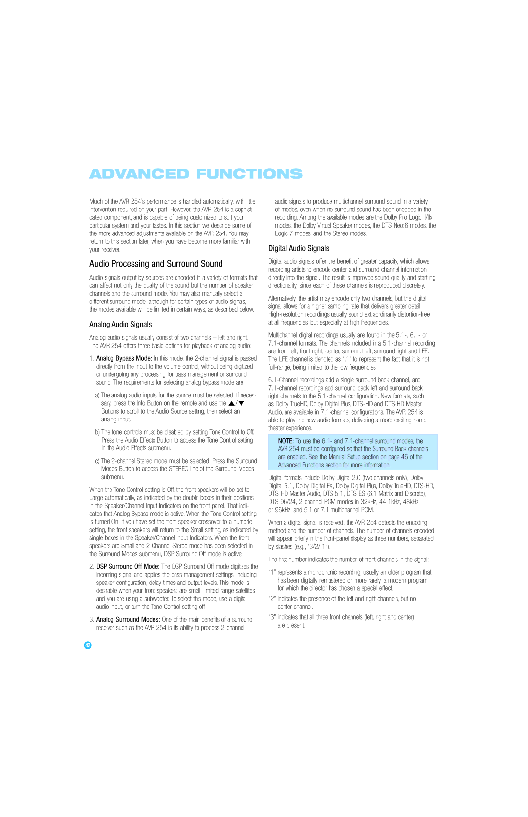 Harman-Kardon AVR 254 Advanced Functions, Audio Processing and Surround Sound, Analog Audio Signals, Digital Audio Signals 