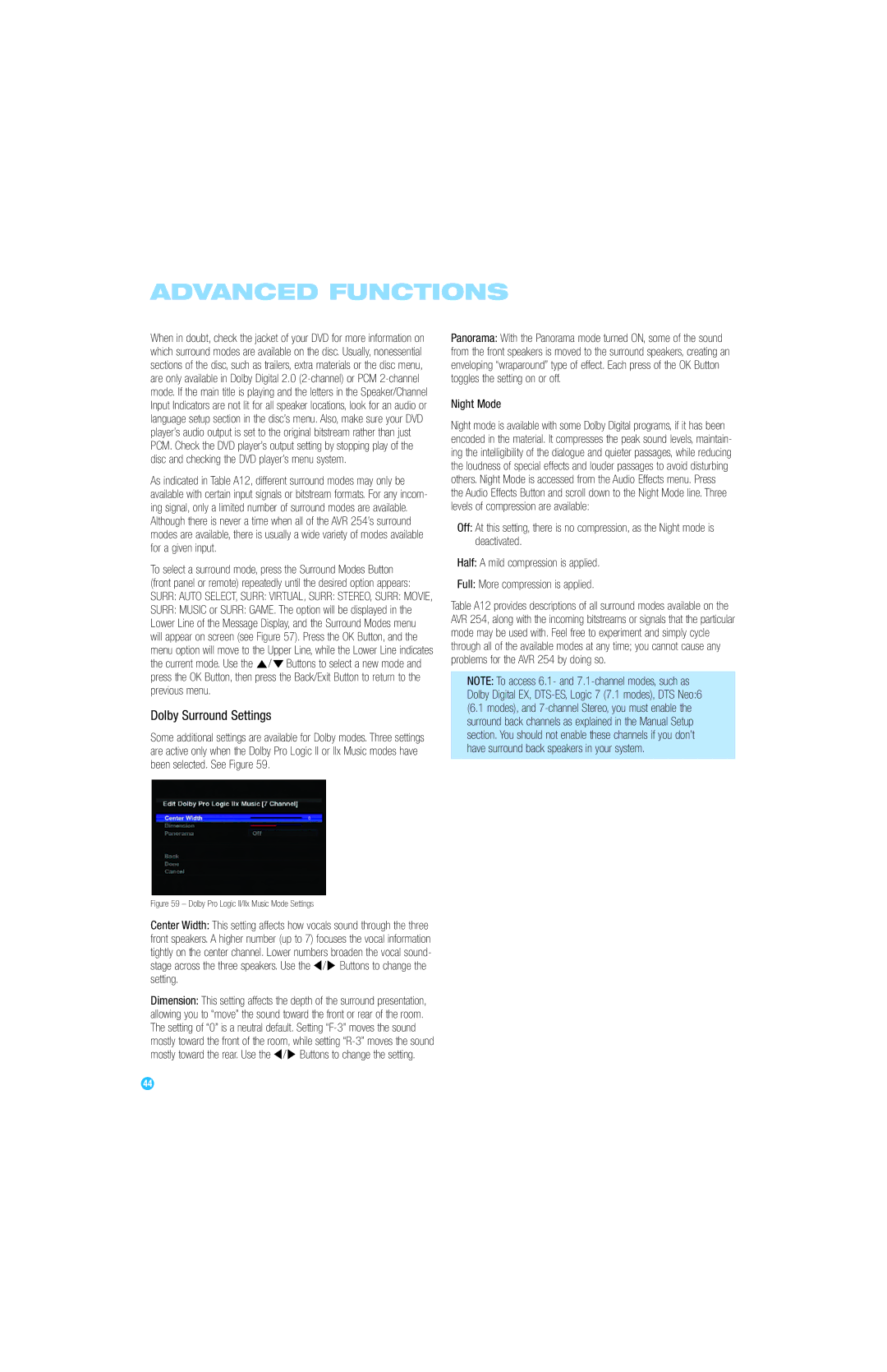 Harman-Kardon AVR 254 owner manual Dolby Surround Settings, Night Mode 