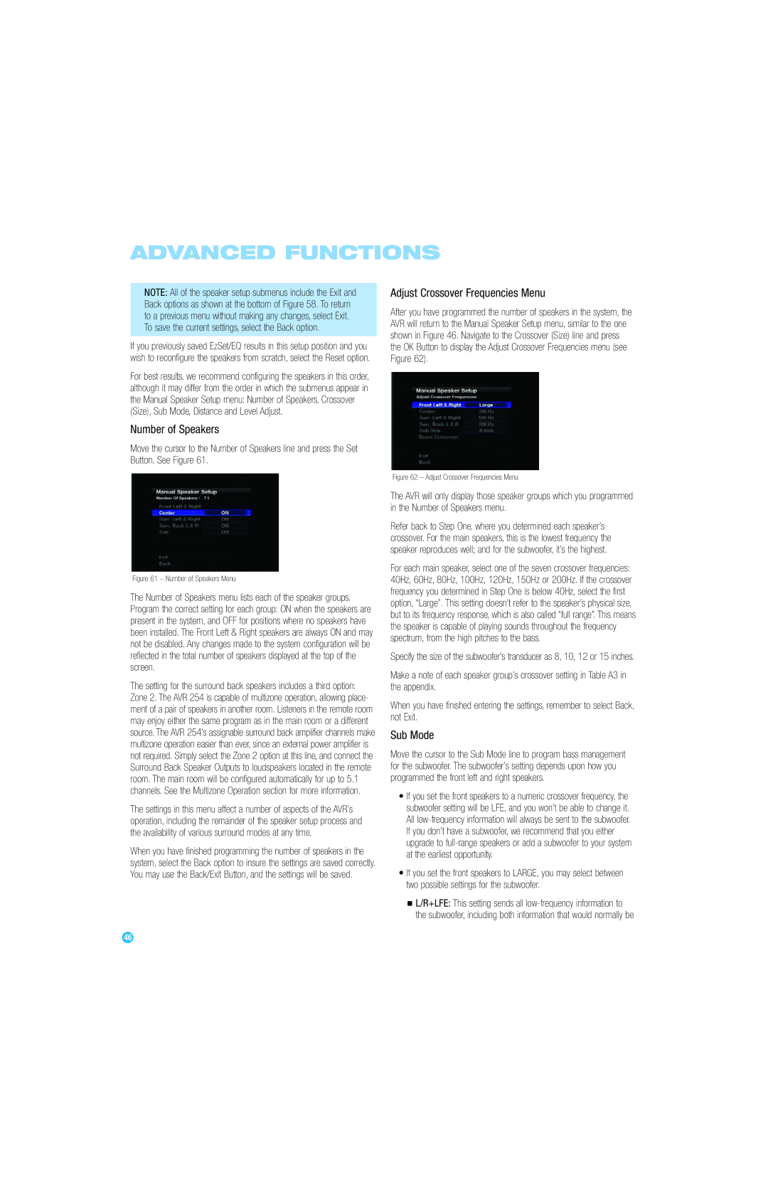 Harman-Kardon AVR 254 owner manual Number of Speakers, Adjust Crossover Frequencies Menu, Sub Mode 