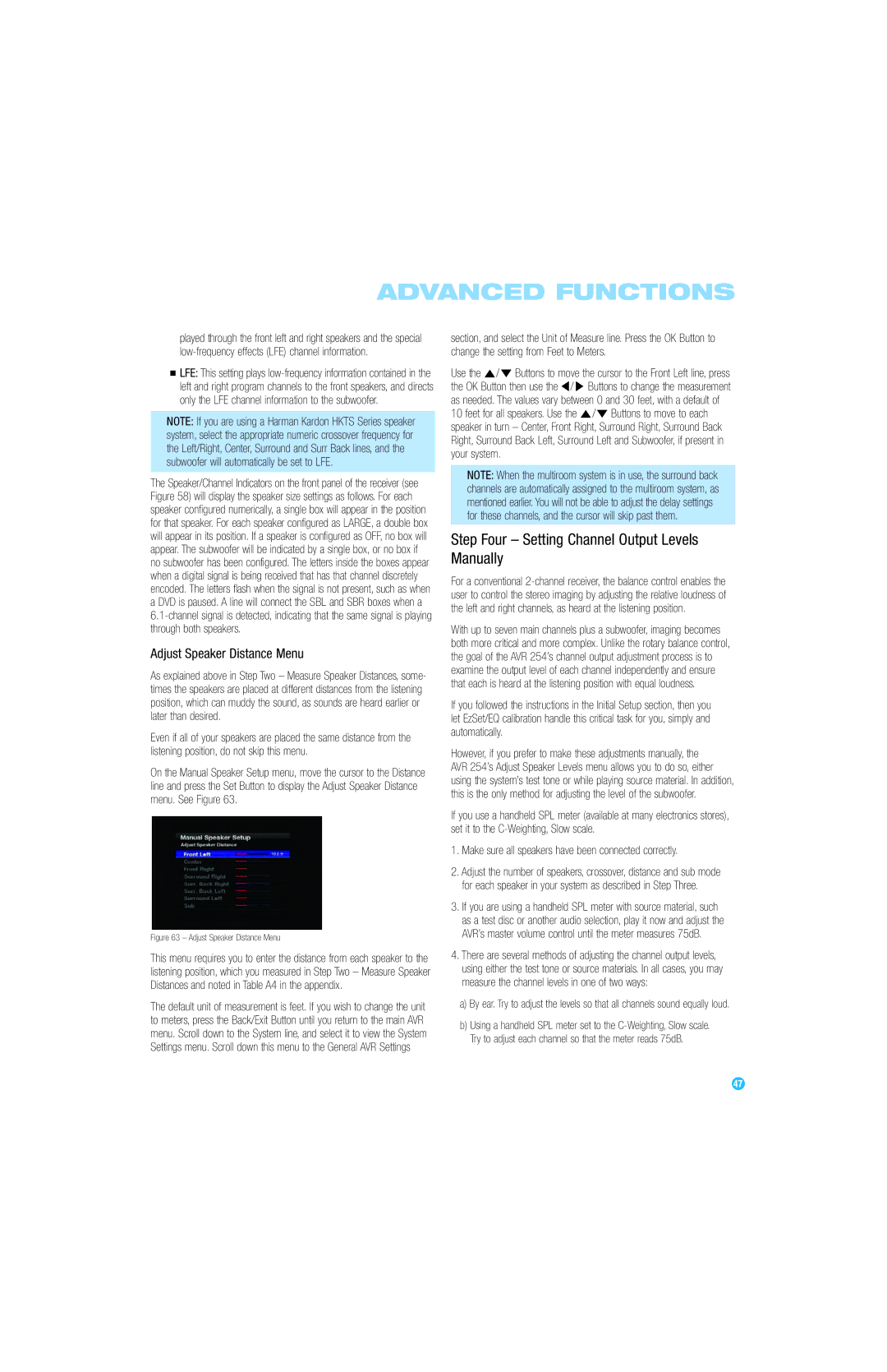 Harman-Kardon AVR 254 owner manual Step Four Setting Channel Output Levels Manually, Adjust Speaker Distance Menu 