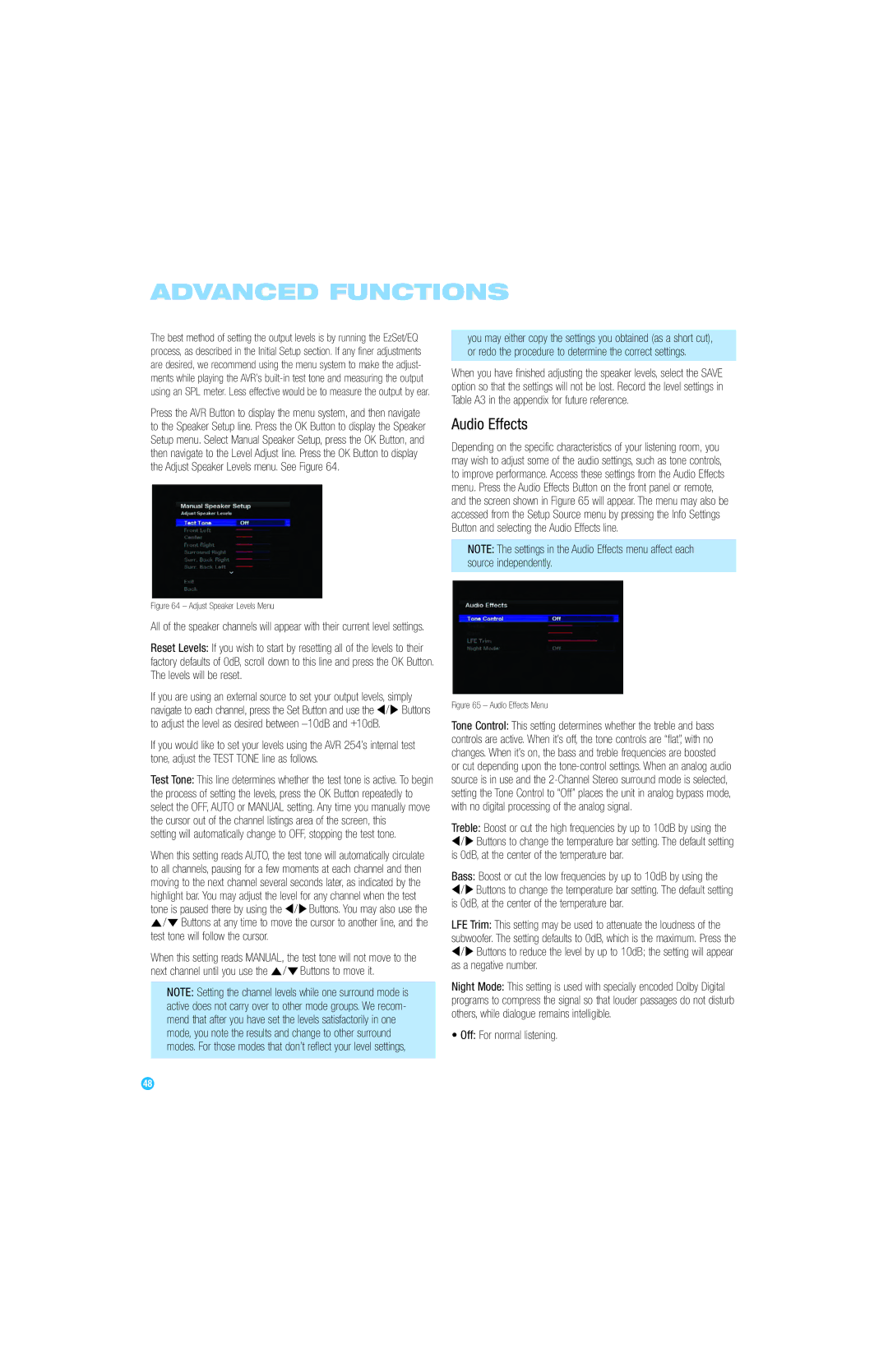 Harman-Kardon AVR 254 owner manual Off For normal listening, Audio Effects Menu 