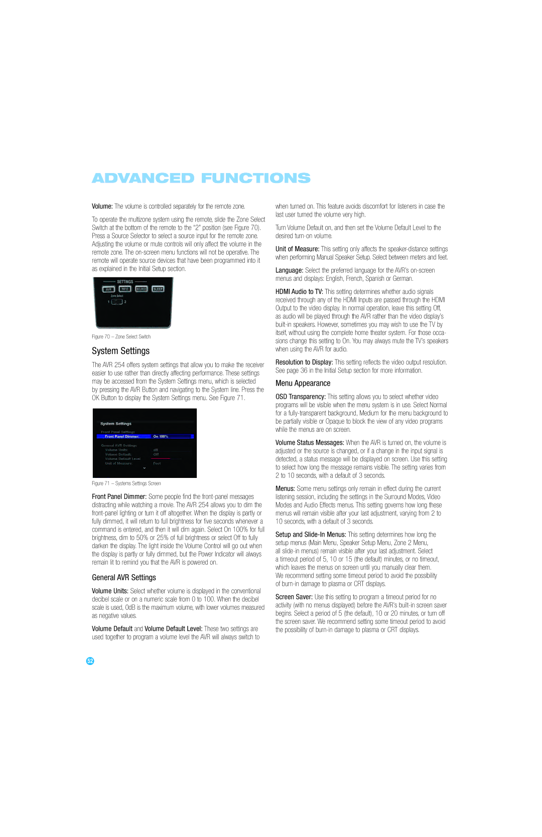 Harman-Kardon AVR 254 owner manual System Settings, General AVR Settings, Menu Appearance 