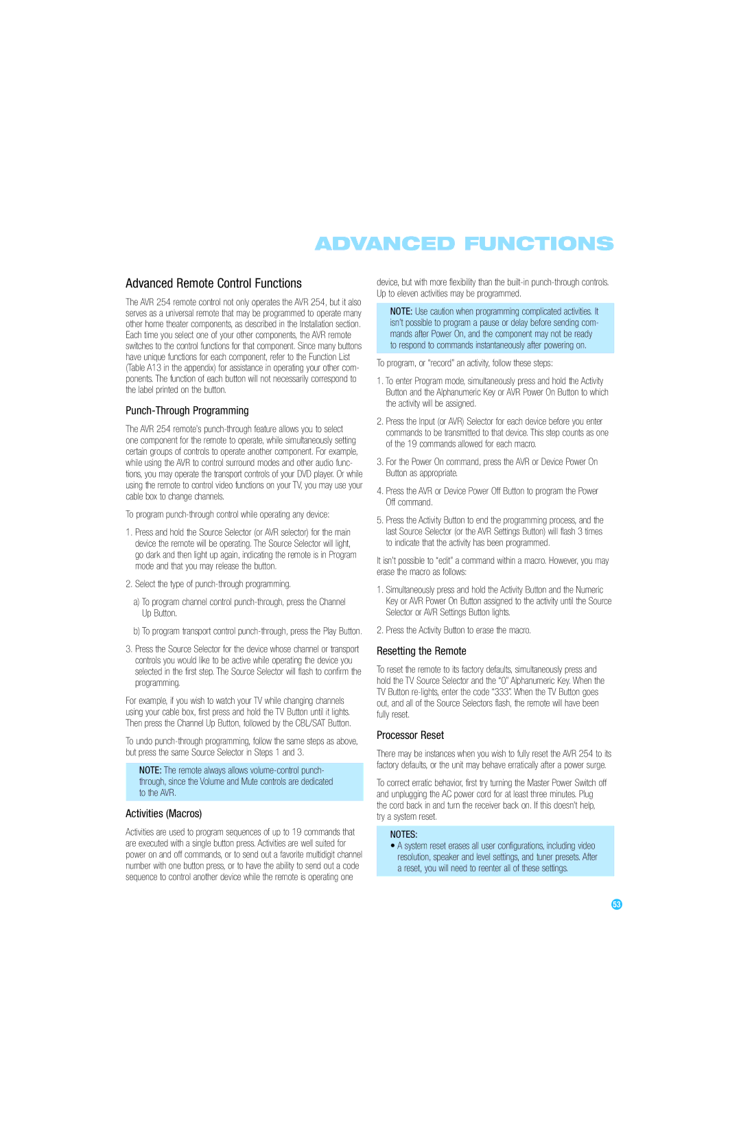 Harman-Kardon AVR 254 Advanced Remote Control Functions, Punch-Through Programming, Resetting the Remote, Processor Reset 