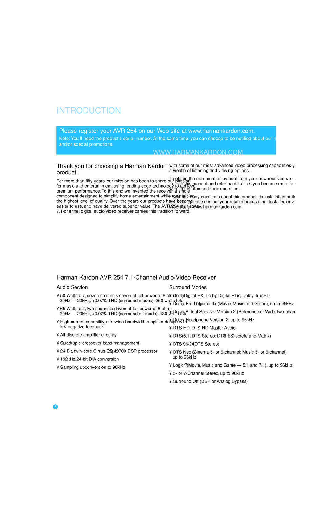 Harman-Kardon AVR 254 Introduction, Thank you for choosing a Harman Kardon product, Audio Section, Surround Modes 