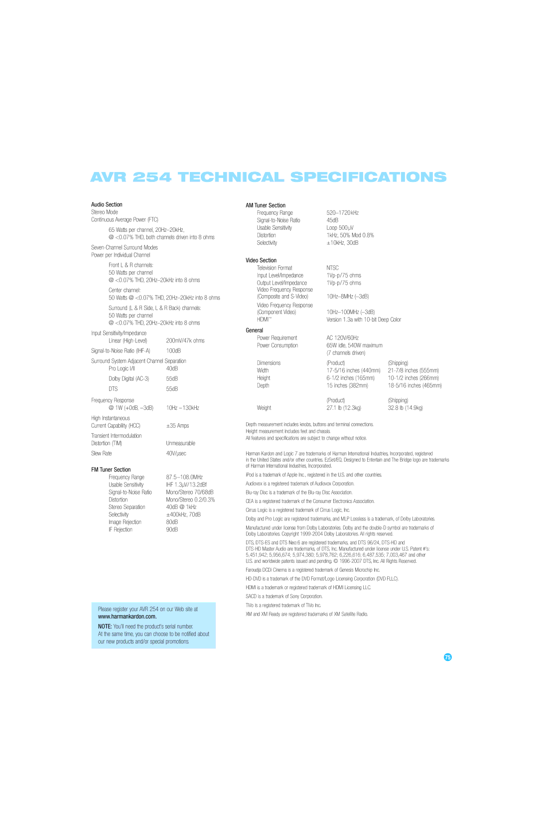 Harman-Kardon owner manual AVR 254 Technical Specifications, Dts 