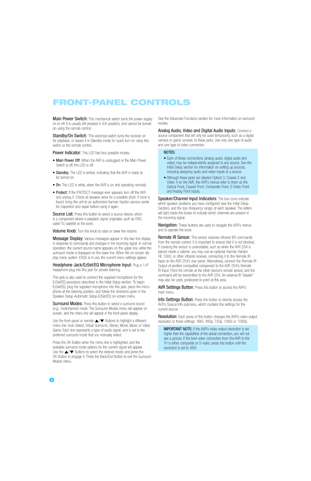 Harman-Kardon AVR 254 owner manual FRONT-PANEL Controls, Volume Knob Turn this knob to raise or lower the volume 