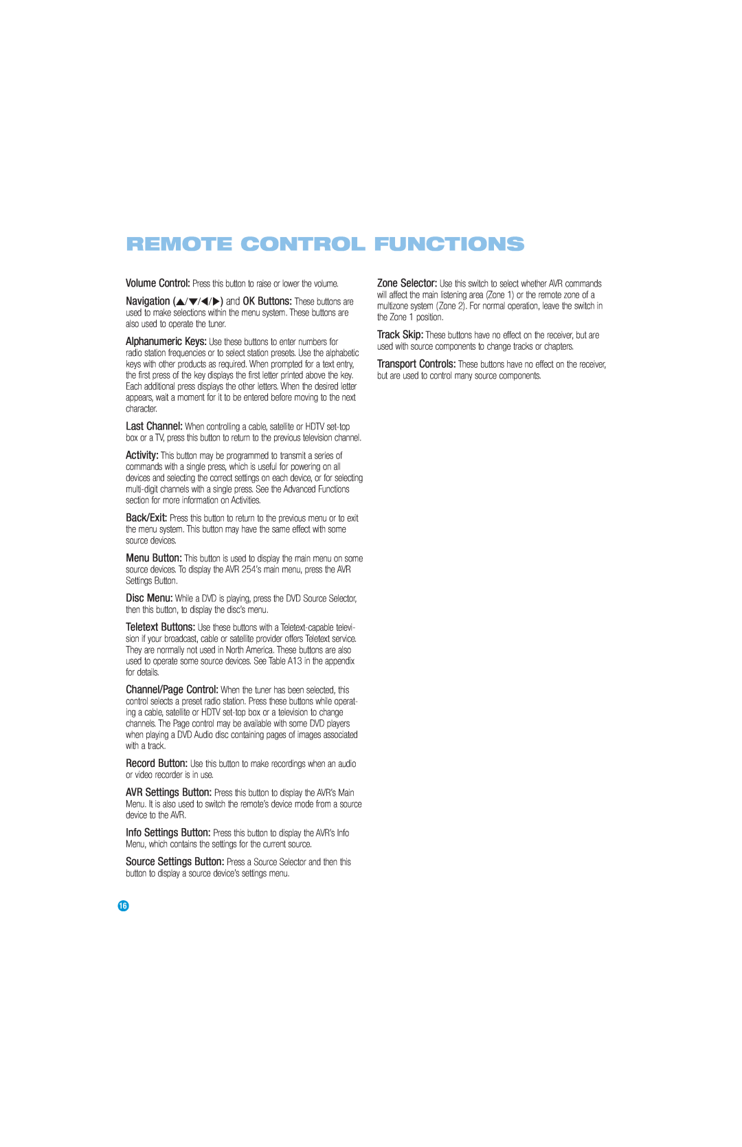 Harman-Kardon AVR 254 owner manual Remote Control Functions 