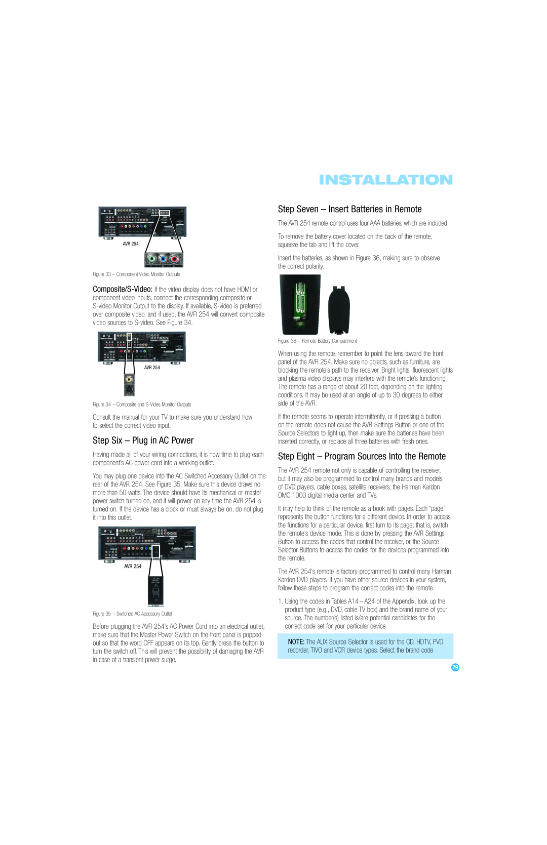Harman-Kardon AVR 254 owner manual Step Seven - Insert Batteries in Remote, Step Six - Plug in AC Power, Installation 