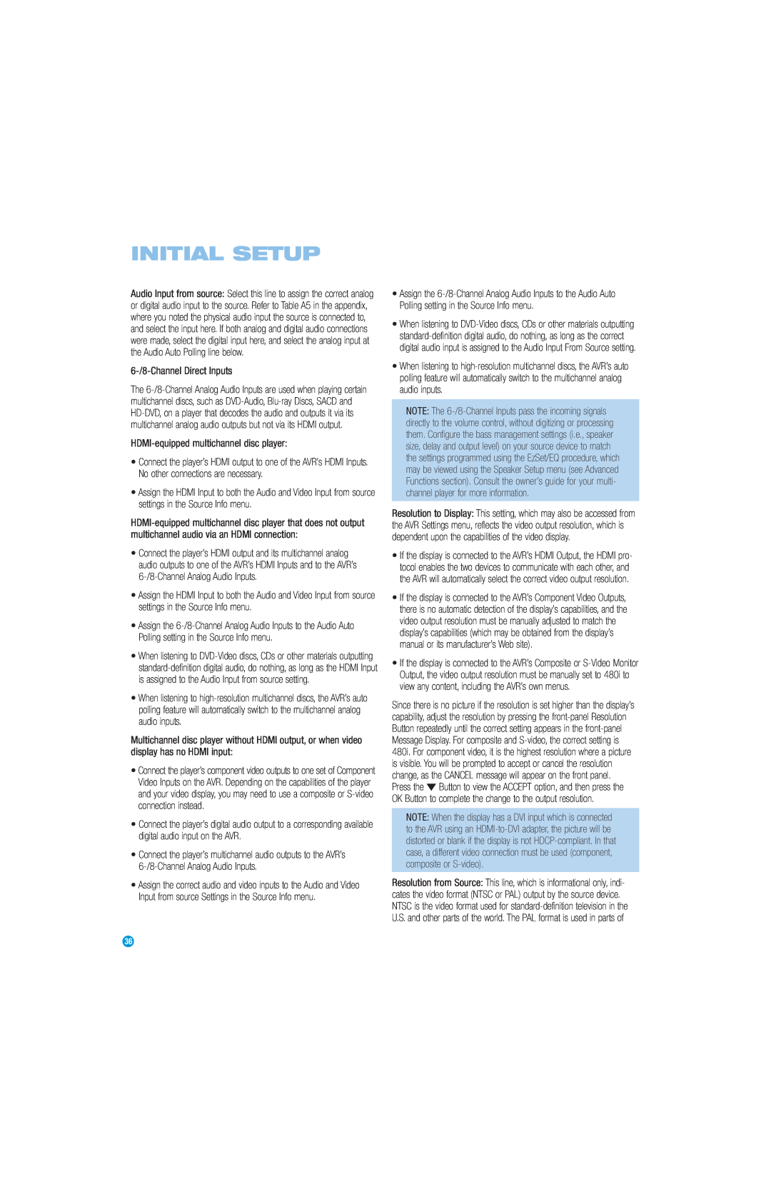 Harman-Kardon AVR 254 owner manual Initial Setup, 6-/8-ChannelDirect Inputs 