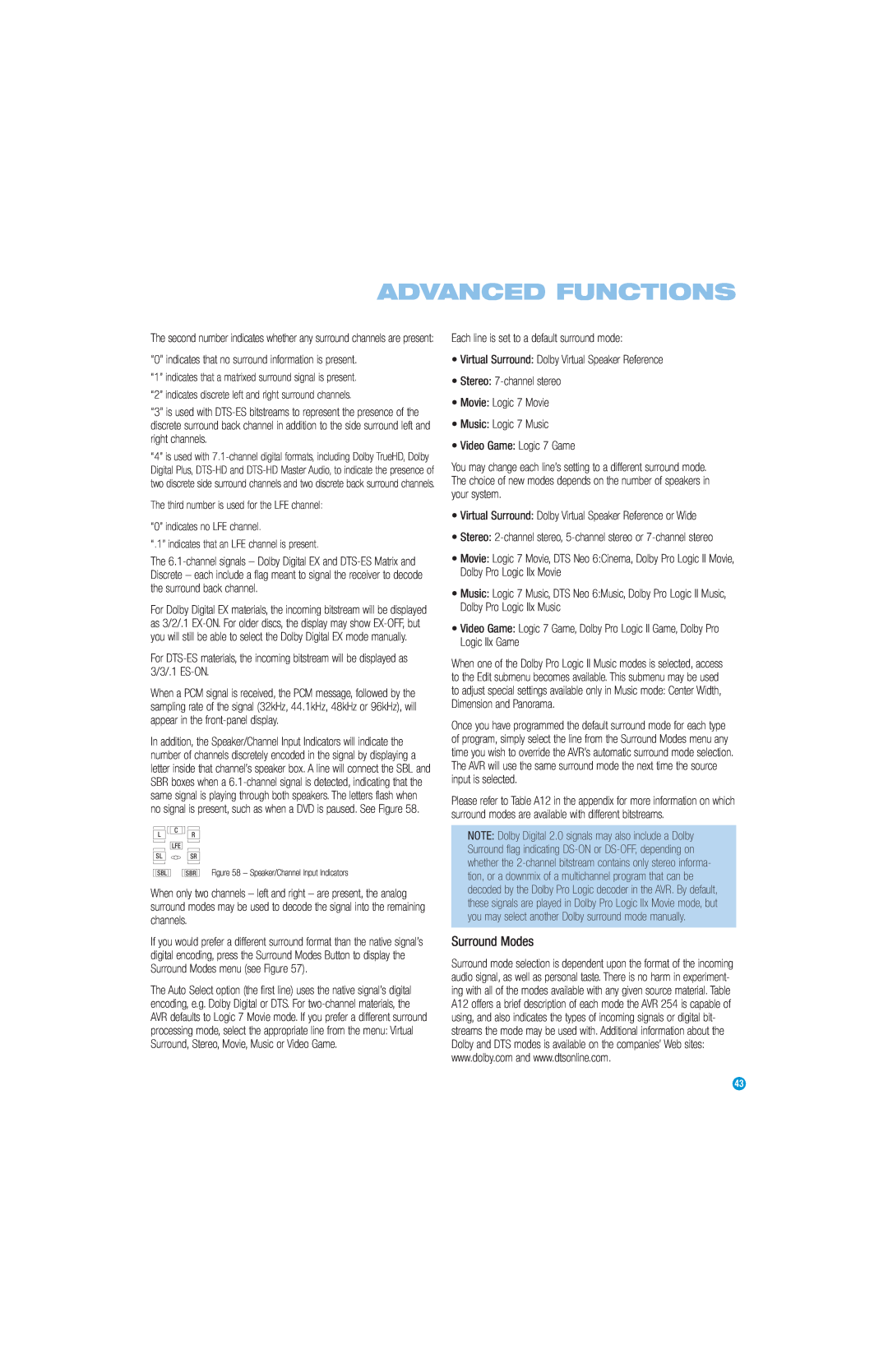 Harman-Kardon AVR 254 owner manual Advanced Functions, Surround Modes, Each line is set to a default surround mode 