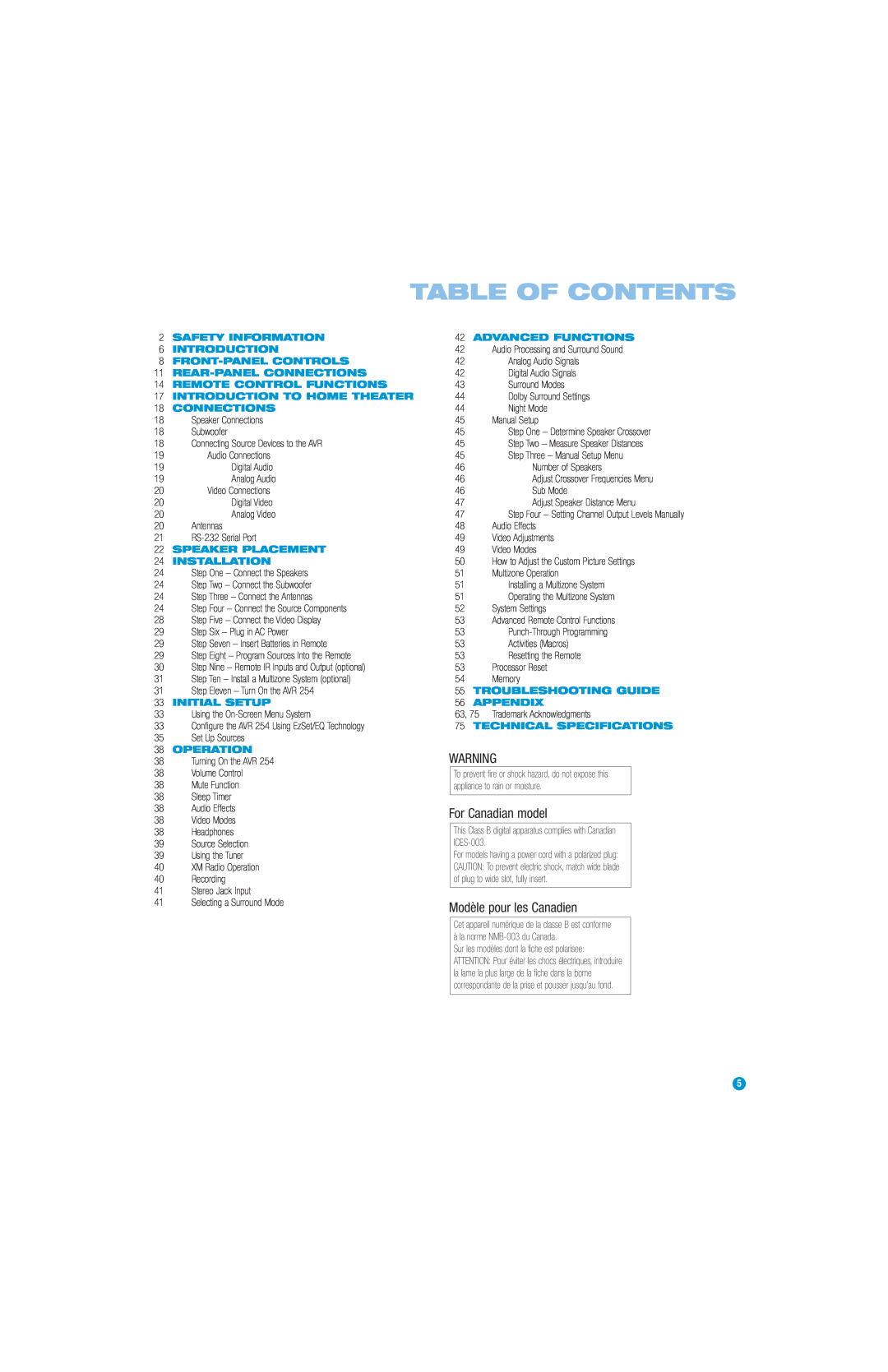 Harman-Kardon AVR 254 owner manual Table Of Contents, For Canadian model, Modèle pour les Canadien 