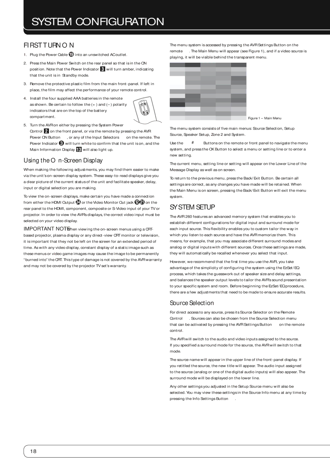 Harman-Kardon AVR 260 System Configuration, First Turn On, System Setup, Using the On-Screen Display, Source Selection 