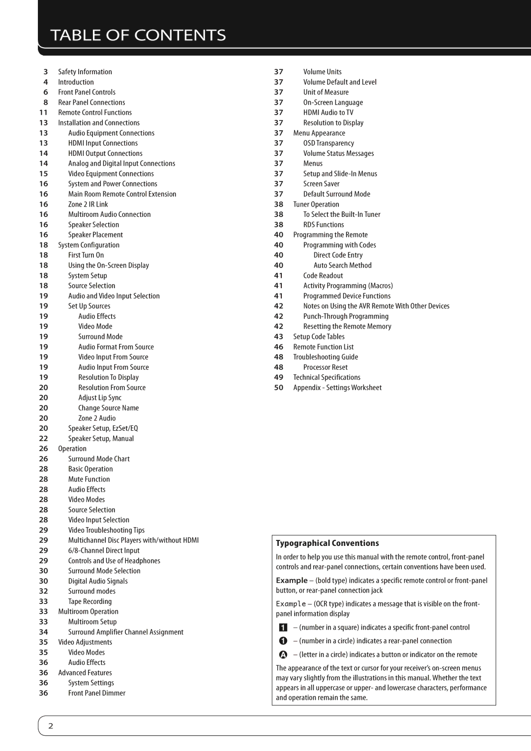 Harman-Kardon AVR 260 owner manual Table of Contents 