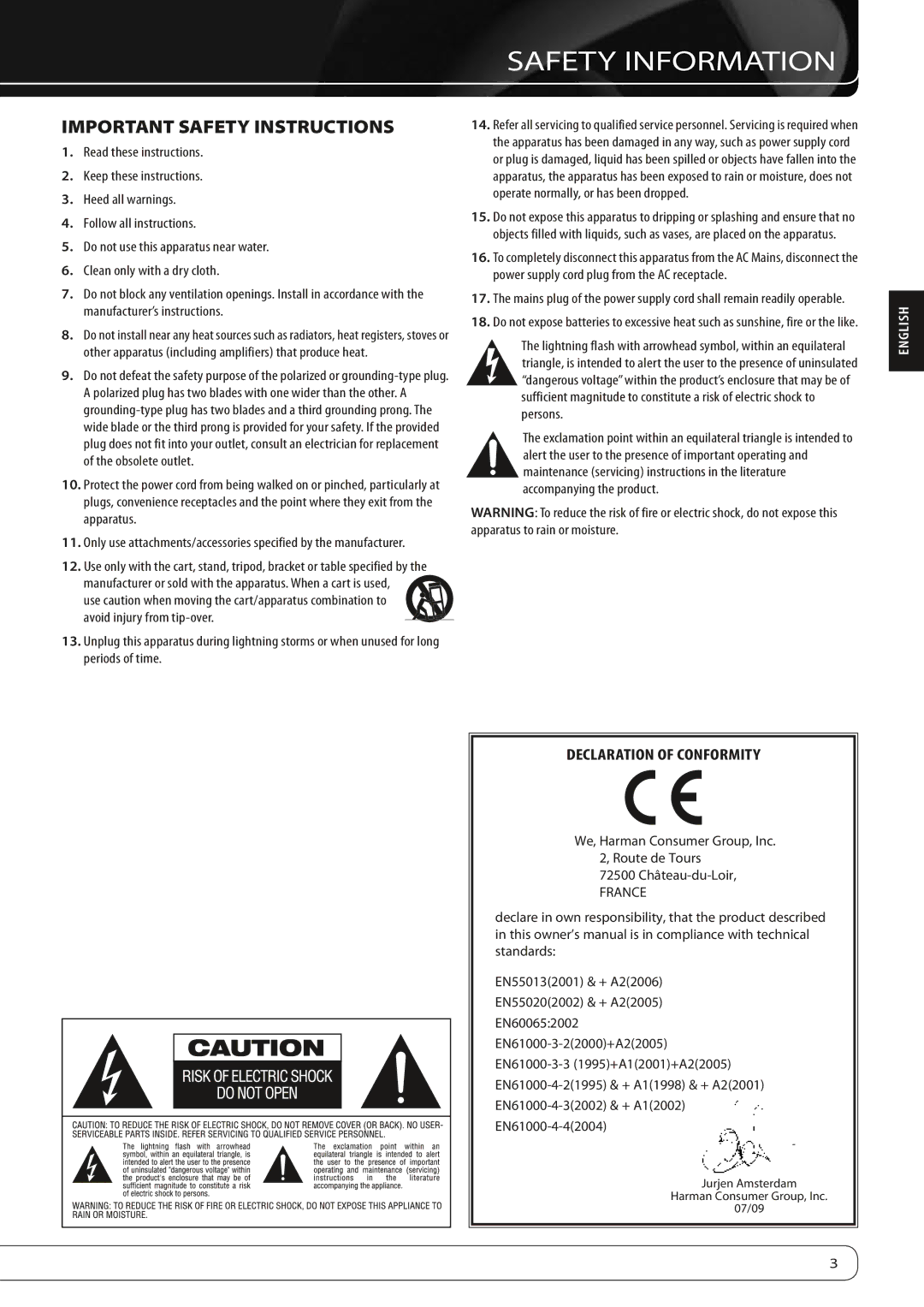 Harman-Kardon AVR 260 owner manual Safety Information, Important Safety Instructions 