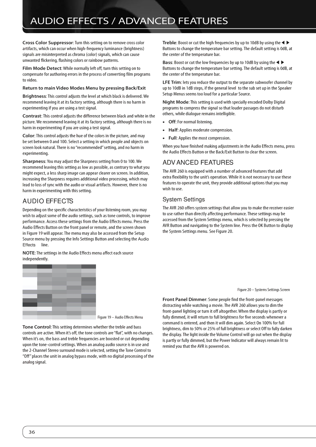 Harman-Kardon AVR 260 owner manual Audio Effects / Advanced Features, System Settings 