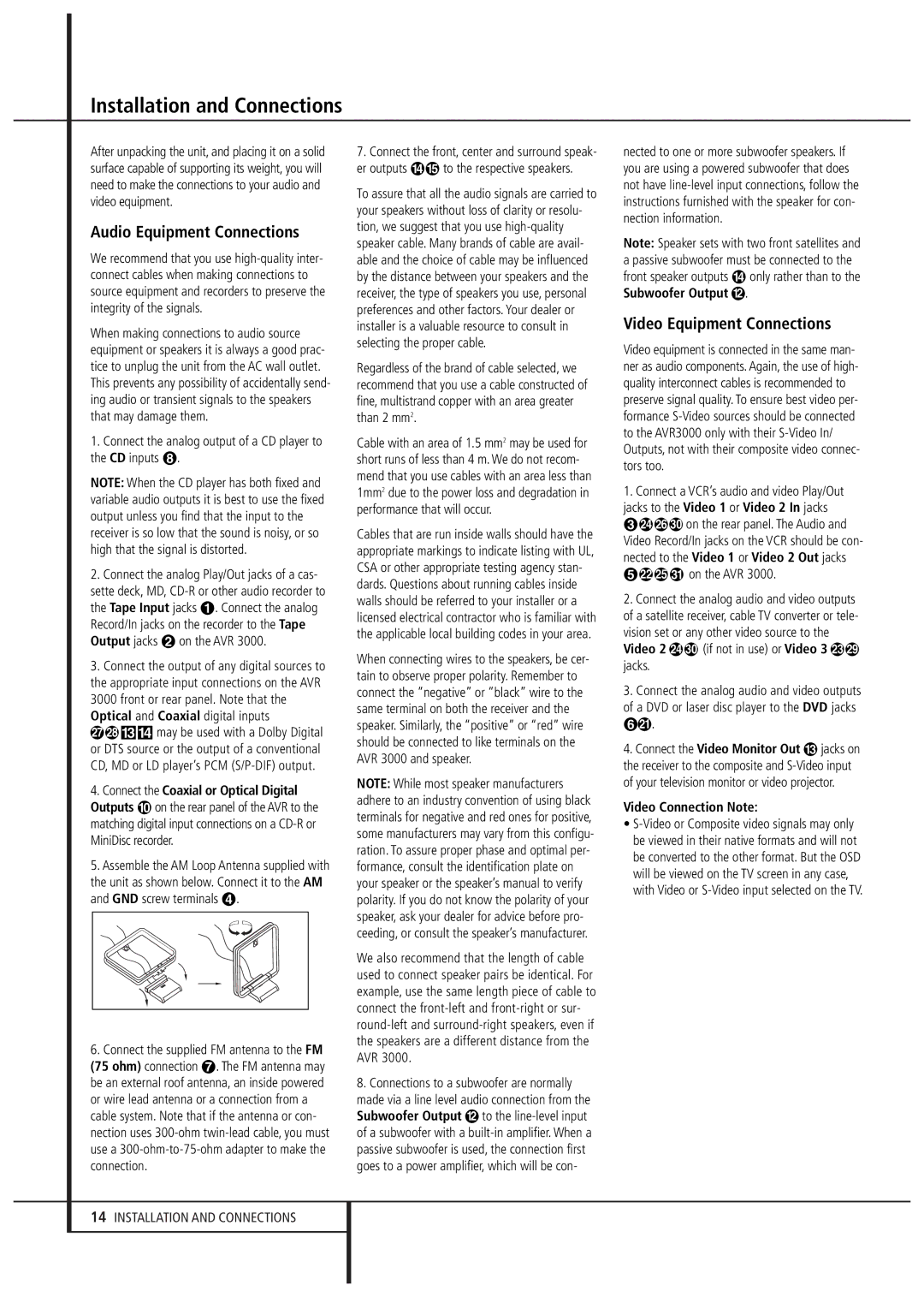 Harman-Kardon AVR 3000 owner manual Installation and Connections, Audio Equipment Connections, Video Equipment Connections 