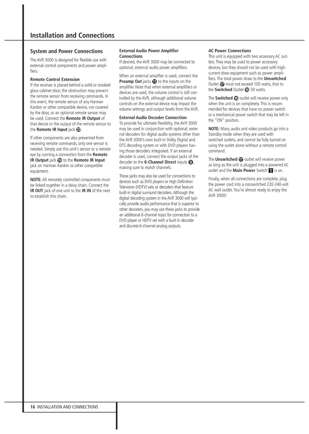 Harman-Kardon AVR 3000 System and Power Connections, Remote Control Extension, External Audio Power Amplifier Connections 