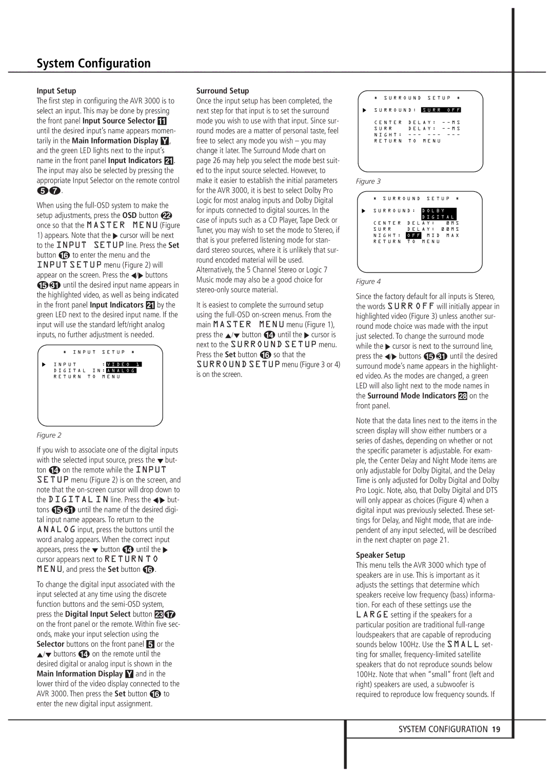 Harman-Kardon AVR 3000 owner manual Input Setup, Surround Setup, Speaker Setup 