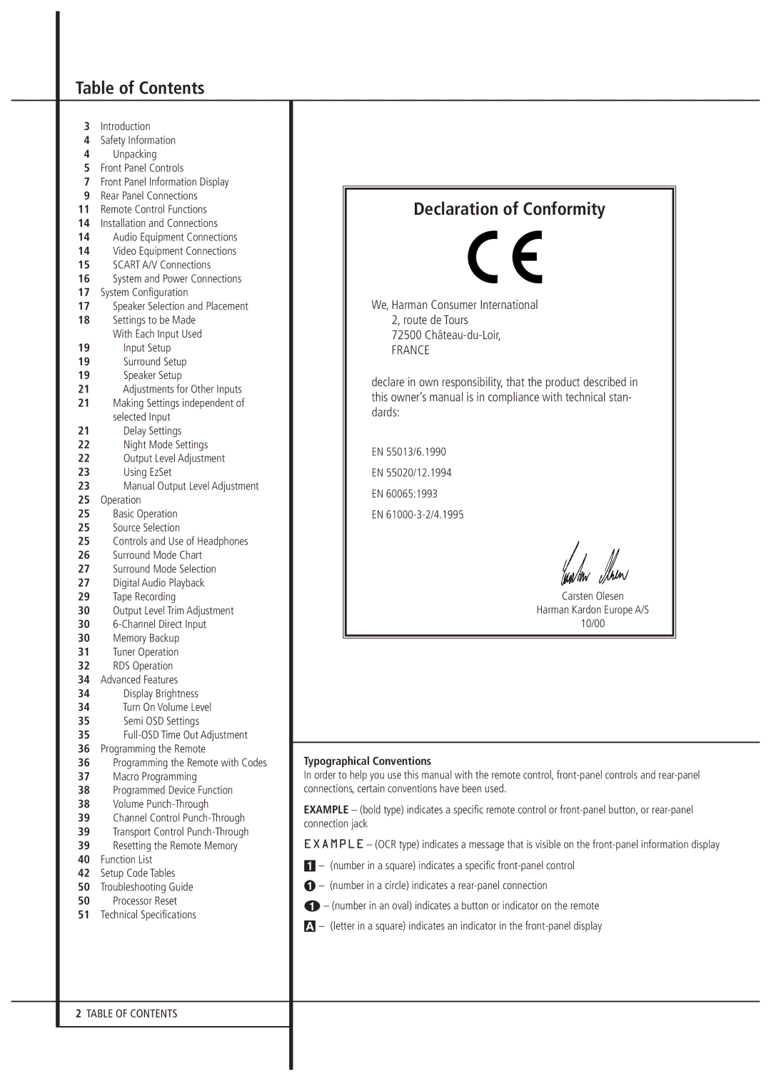 Harman-Kardon AVR 3000 owner manual Table of Contents, Declaration of Conformity 