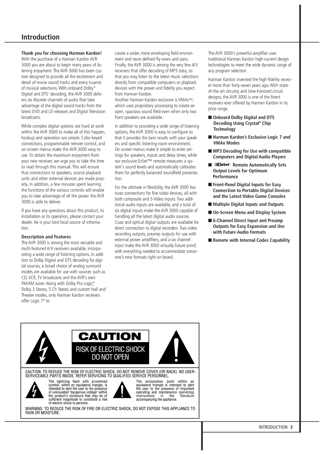 Harman-Kardon AVR 3000 owner manual Introduction, Description and Features, Output Levels for Optimum, Performance 