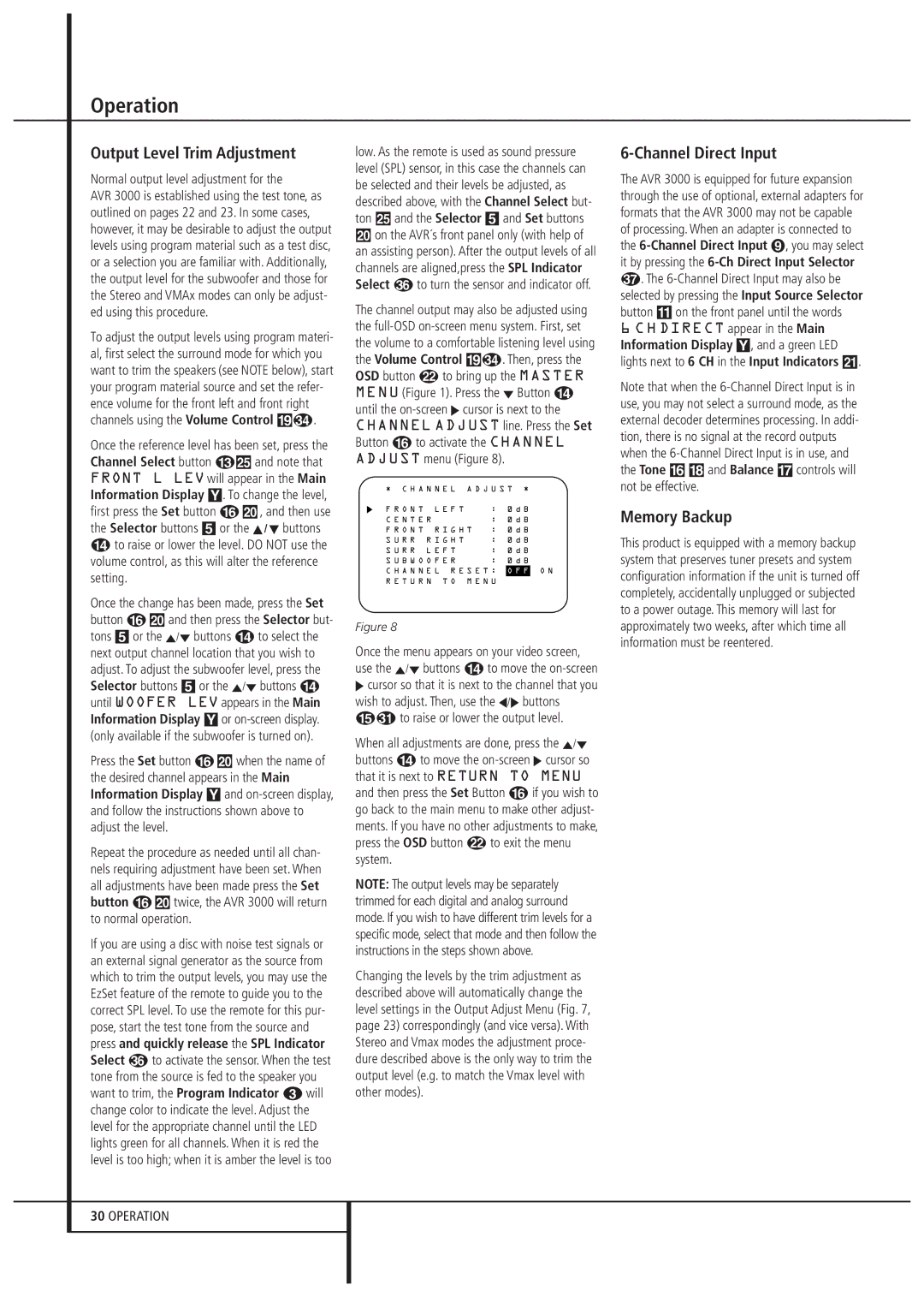 Harman-Kardon AVR 3000 owner manual Output Level Trim Adjustment, Channel Direct Input, Memory Backup 