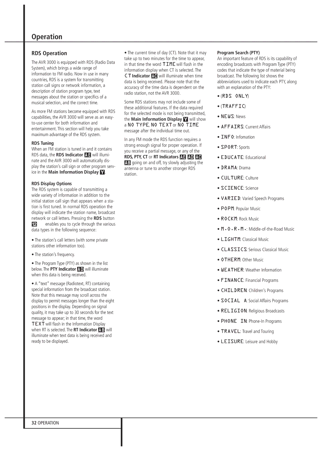 Harman-Kardon AVR 3000 owner manual RDS Operation, RDS Tuning, RDS Display Options, Program Search PTY, RDS only Traffic 