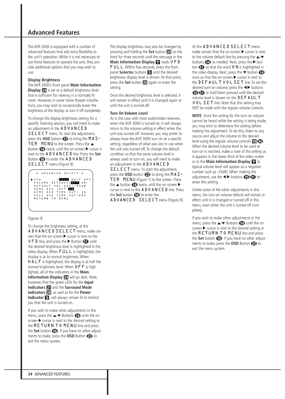 Harman-Kardon AVR 3000 owner manual Advanced Features, Display Brightness, Turn On Volume Level 