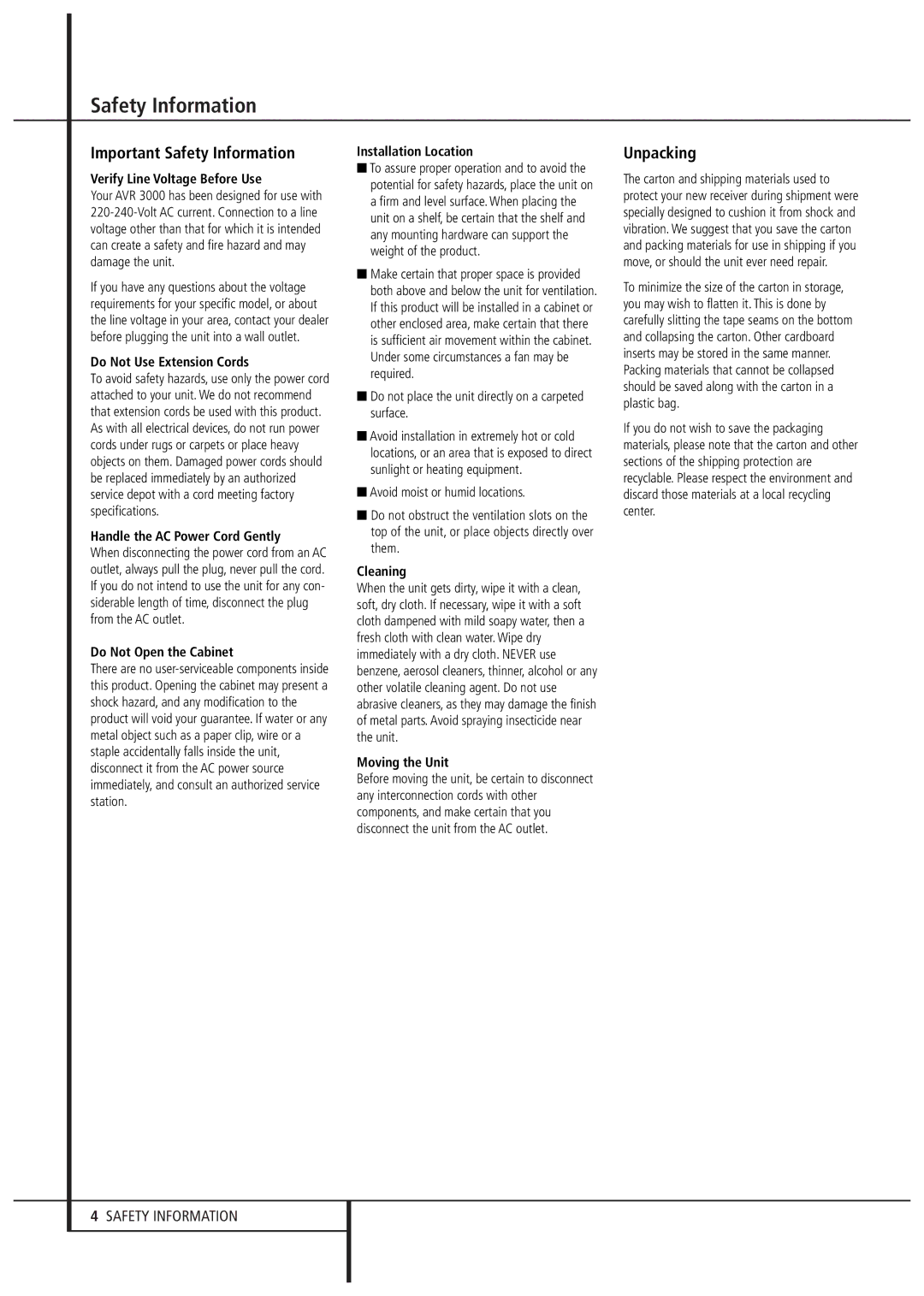 Harman-Kardon AVR 3000 owner manual Important Safety Information, Unpacking 