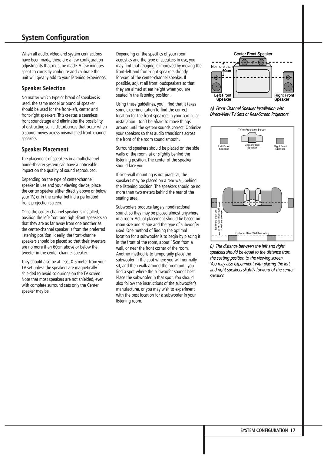 Harman-Kardon AVR 3000 owner manual System Configuration, Speaker Selection, Speaker Placement 