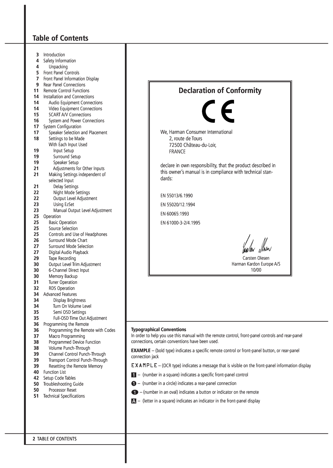 Harman-Kardon AVR 3000 owner manual Table of Contents, Declaration of Conformity, We, Harman Consumer International 