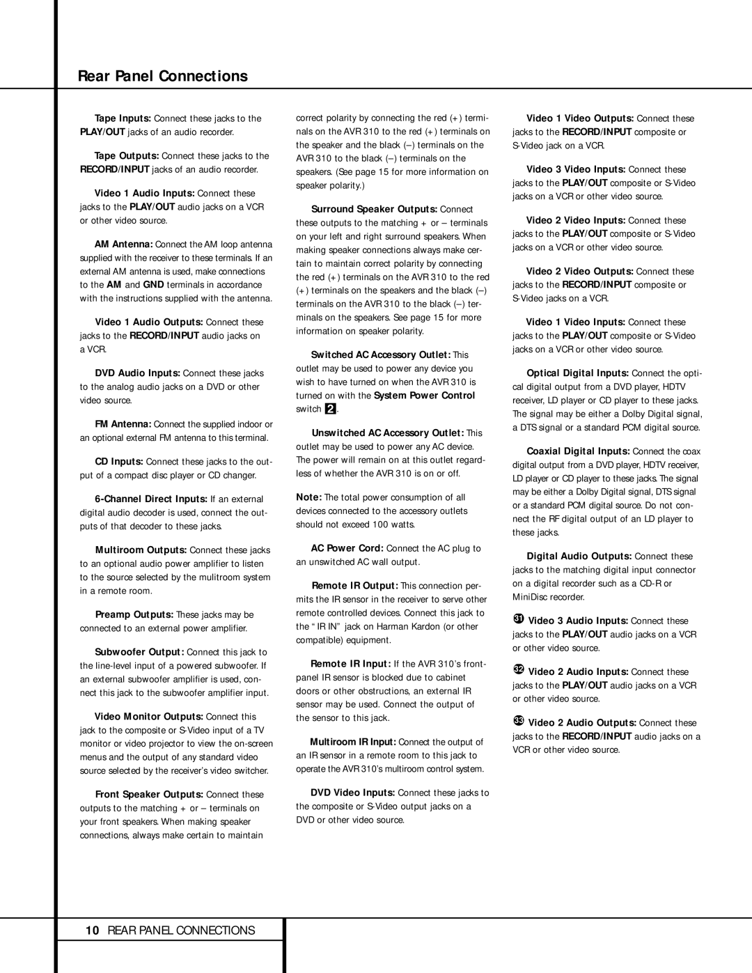 Harman-Kardon AVR 310 owner manual Rear Panel Connections 