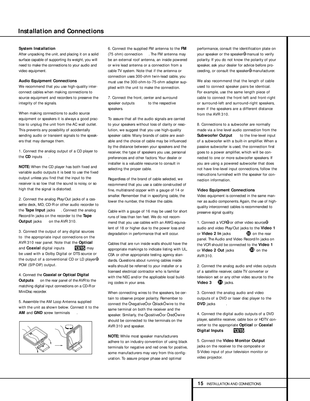 Harman-Kardon AVR 310 owner manual Installation and Connections, System Installation, Audio Equipment Connections 