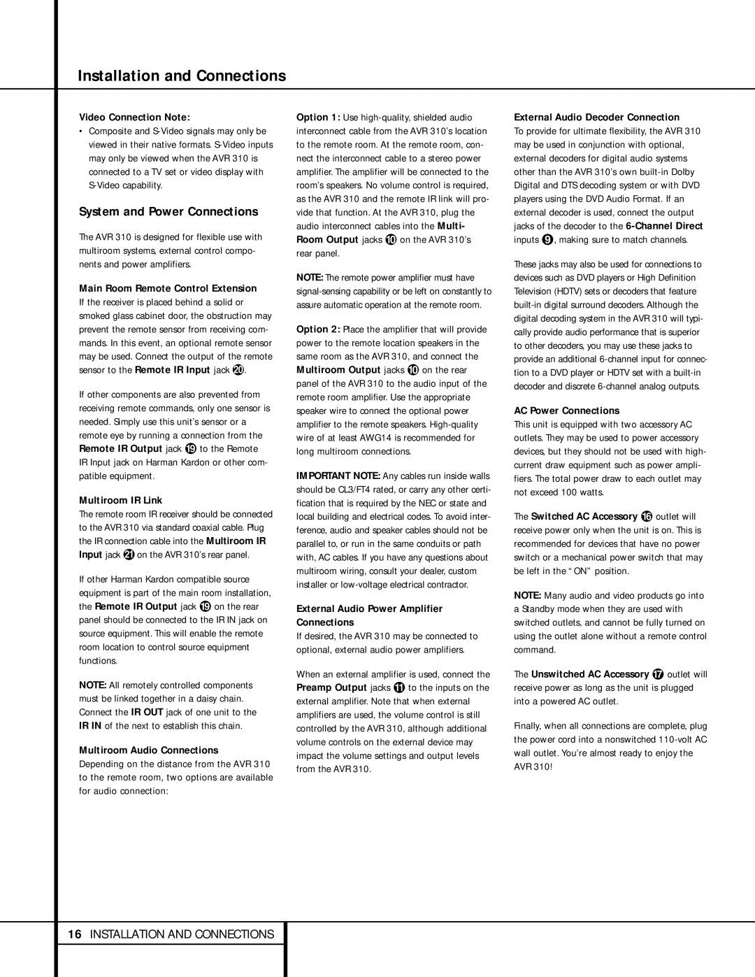 Harman-Kardon AVR 310 owner manual System and Power Connections 