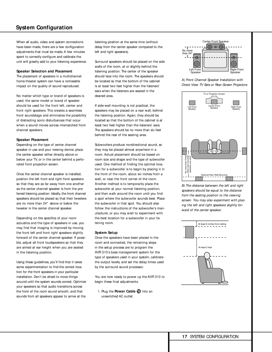 Harman-Kardon AVR 310 owner manual System Configuration, Speaker Selection and Placement, Speaker Placement, System Setup 