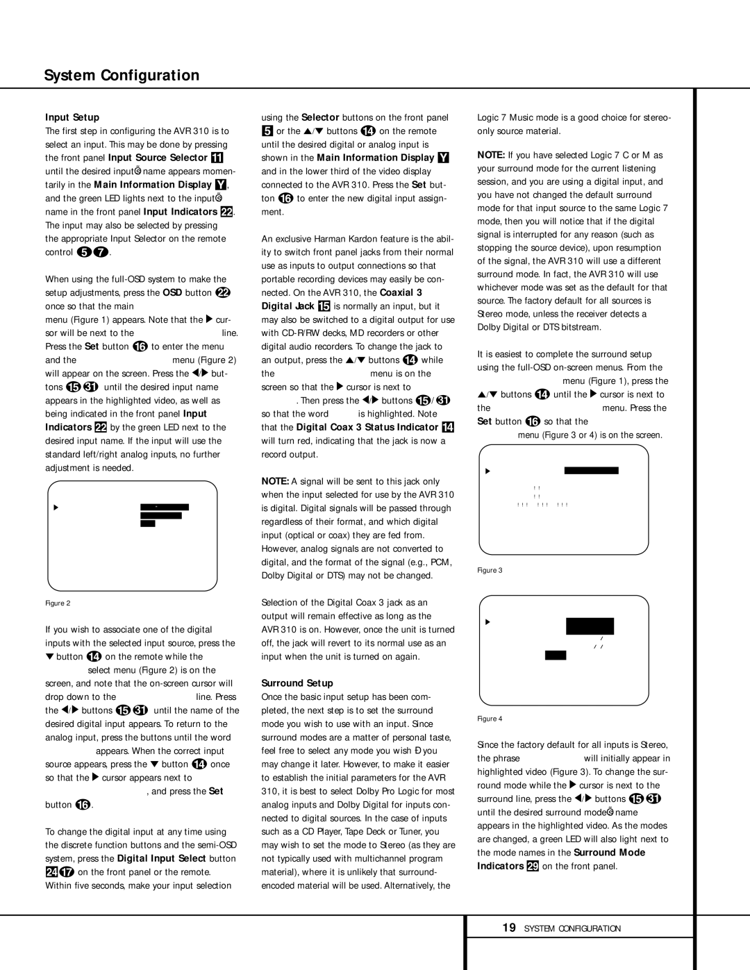 Harman-Kardon AVR 310 owner manual Input Setup, Surround Setup 