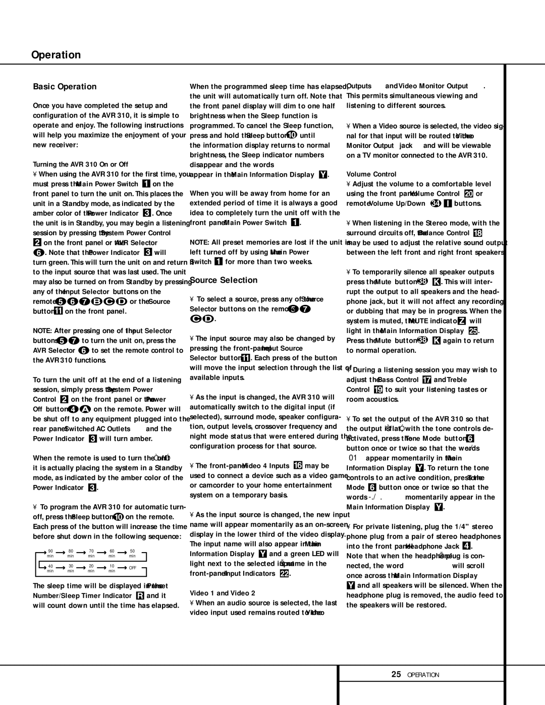 Harman-Kardon AVR 310 owner manual Basic Operation, Source Selection 