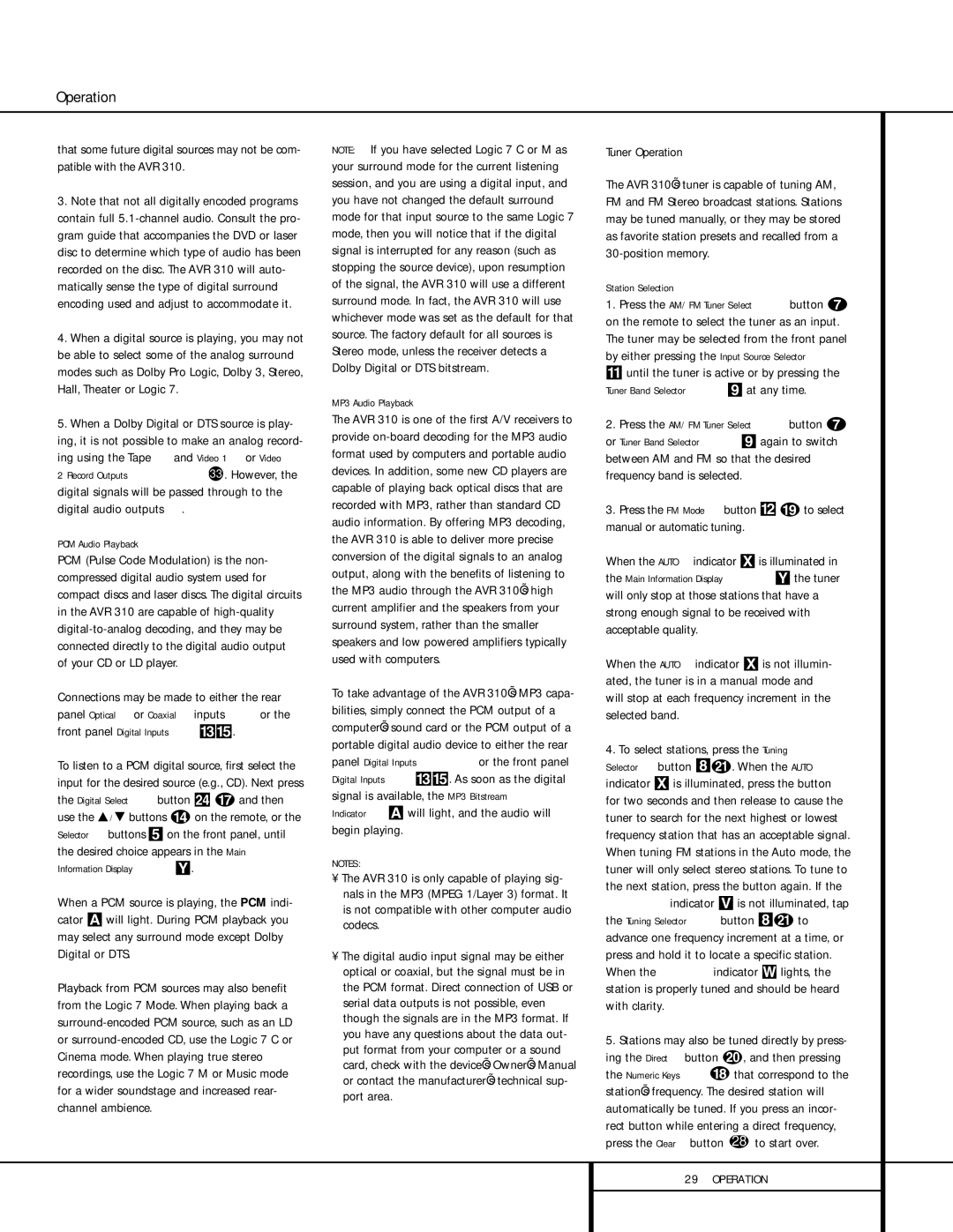 Harman-Kardon AVR 310 owner manual Tuner Operation, MP3 Audio Playback, Station Selection 