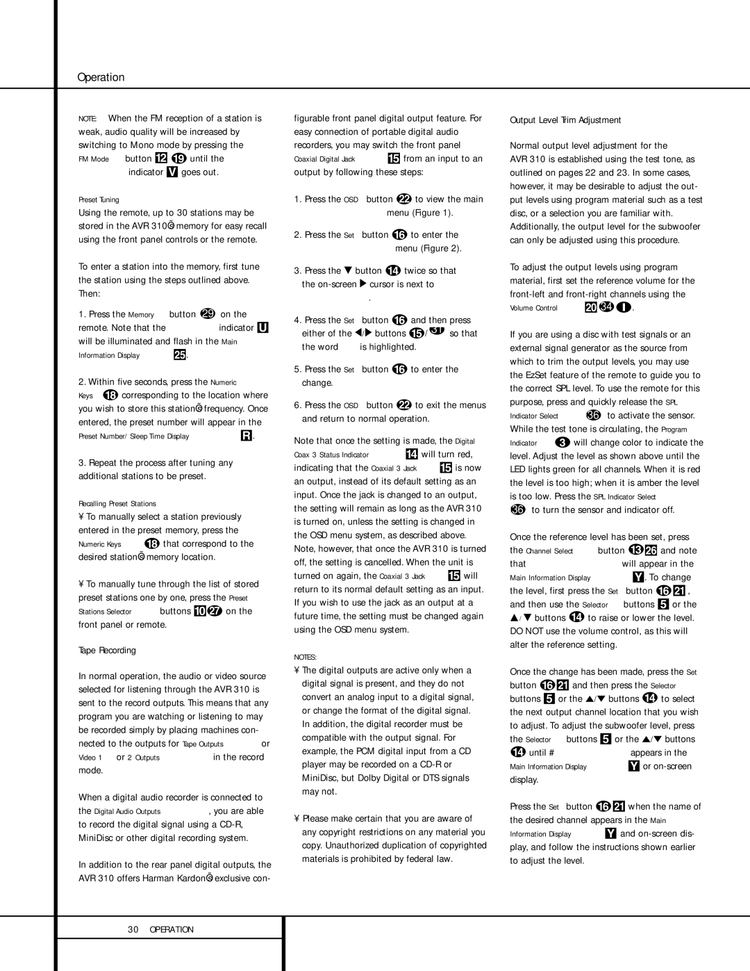 Harman-Kardon AVR 310 owner manual Tape Recording, Output Level Trim Adjustment, Preset Tuning, Recalling Preset Stations 