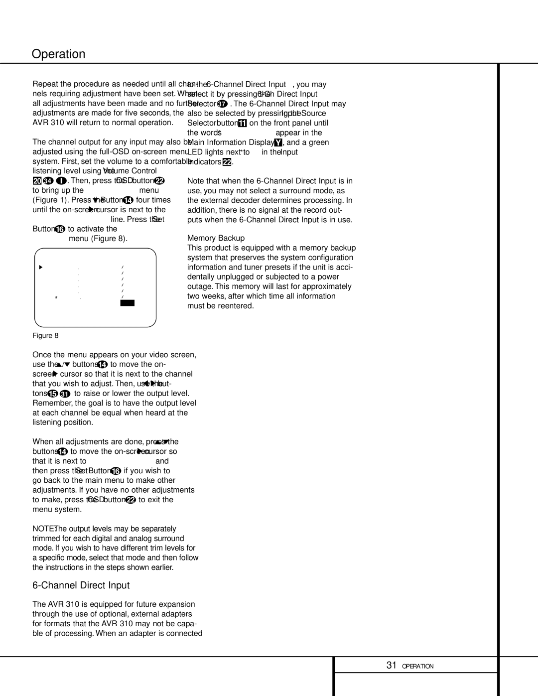 Harman-Kardon AVR 310 owner manual Channel Direct Input, Memory Backup 