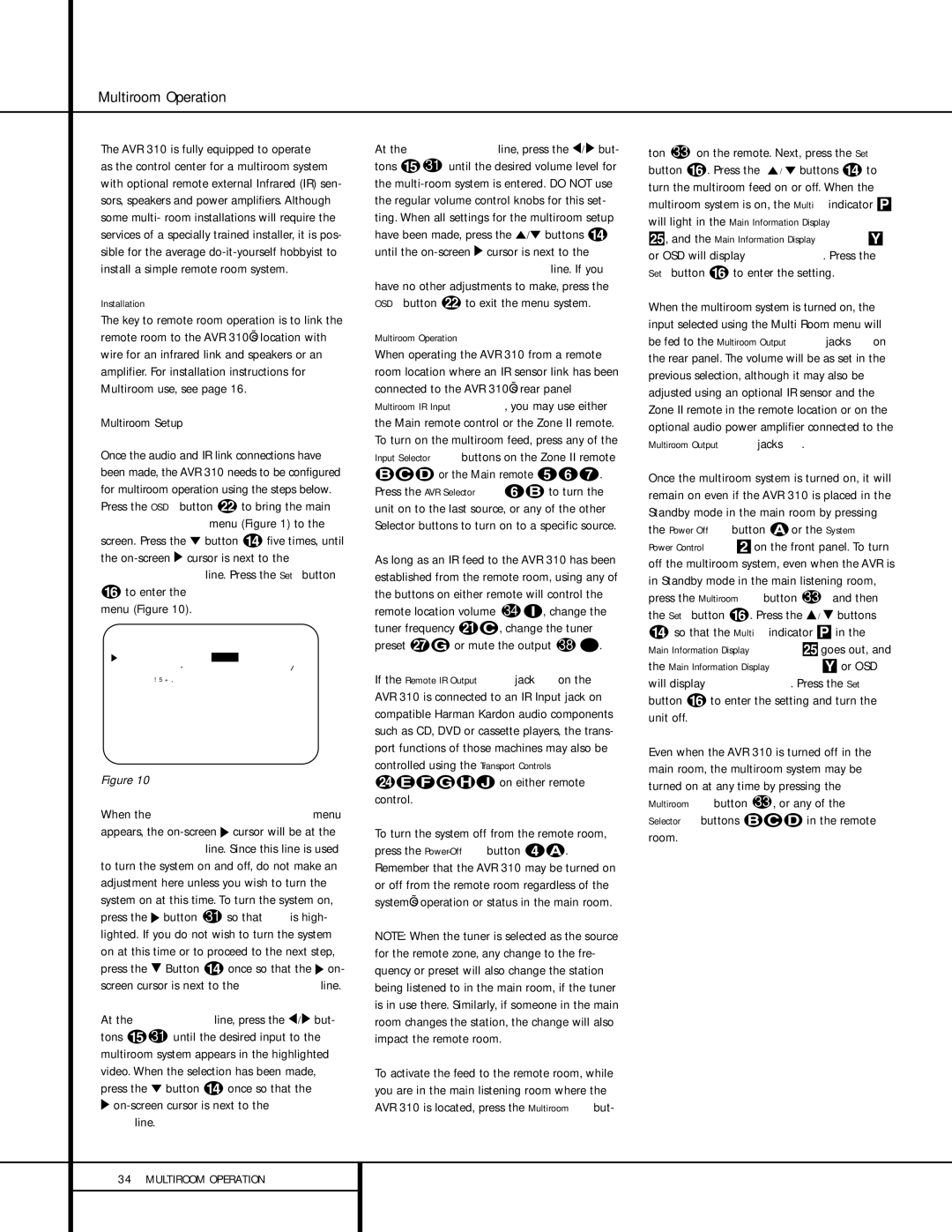 Harman-Kardon AVR 310 owner manual Multiroom Operation, Multiroom Setup, Installation 