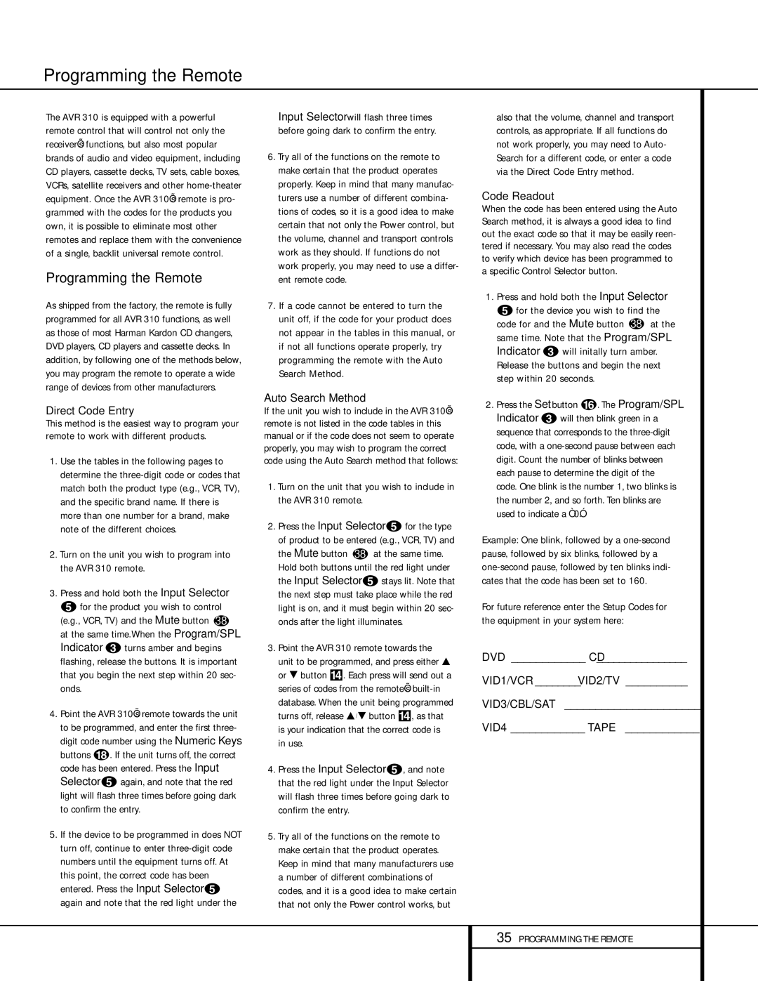 Harman-Kardon AVR 310 owner manual Programming the Remote 