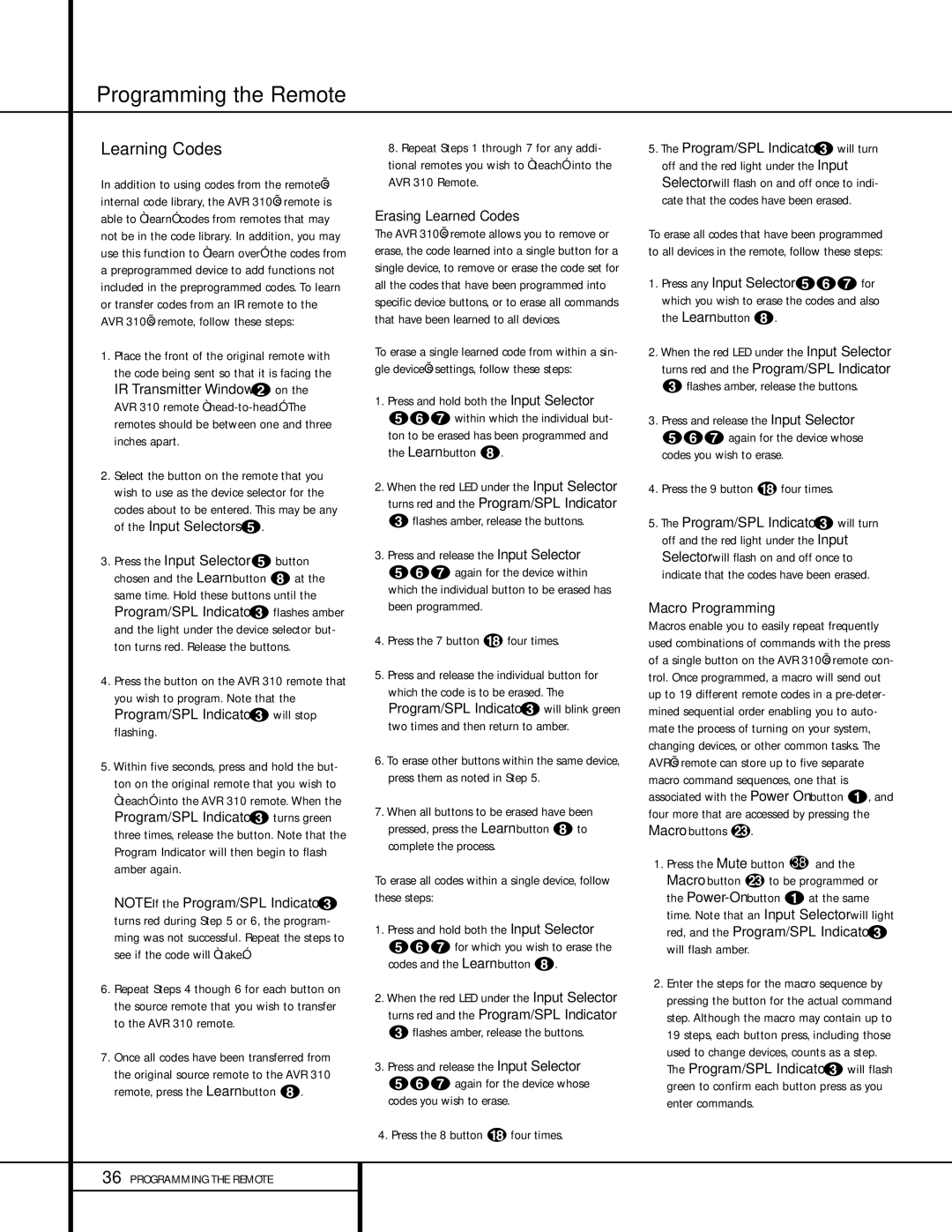 Harman-Kardon AVR 310 owner manual Learning Codes, Erasing Learned Codes, Macro Programming 