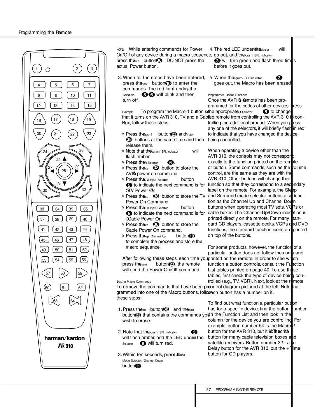 Harman-Kardon AVR 310 owner manual Press the AVR Selector f, Press the Mute 38 button to store the TV Power On Command 