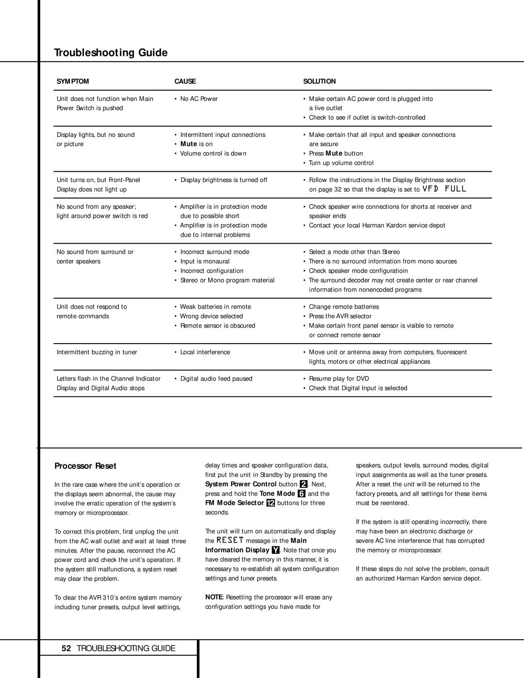 Harman-Kardon AVR 310 owner manual Troubleshooting Guide, Processor Reset, Information from nonencoded programs 