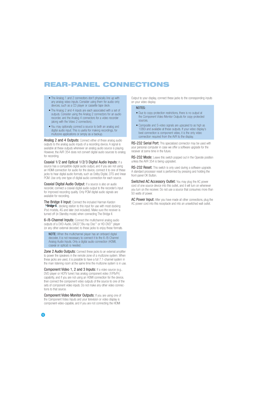 Harman-Kardon AVR 354 owner manual REAR-PANEL Connections 